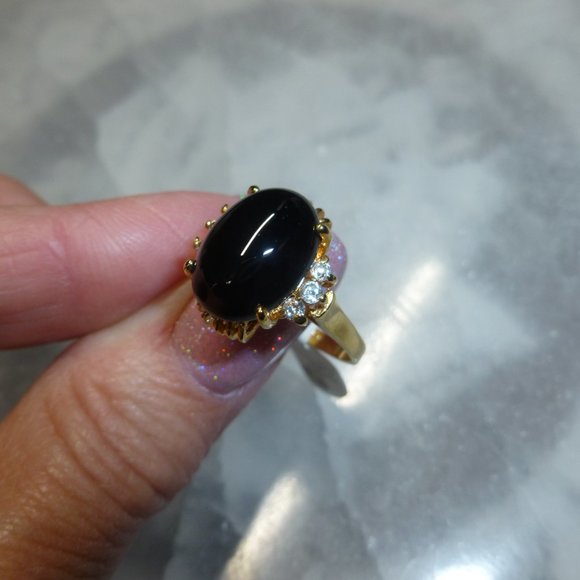 18k Yellow Gold EP Onyx Cubic Zirconia Dolphin Ore Ring - Picture 12 of 13